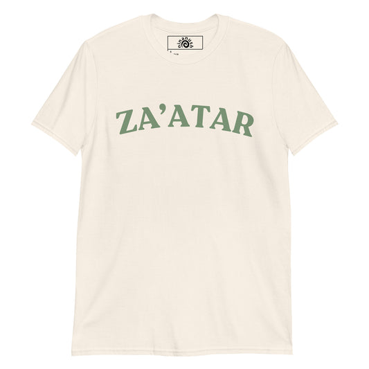 Natural color t-shirt with za’atar written in varsity design
