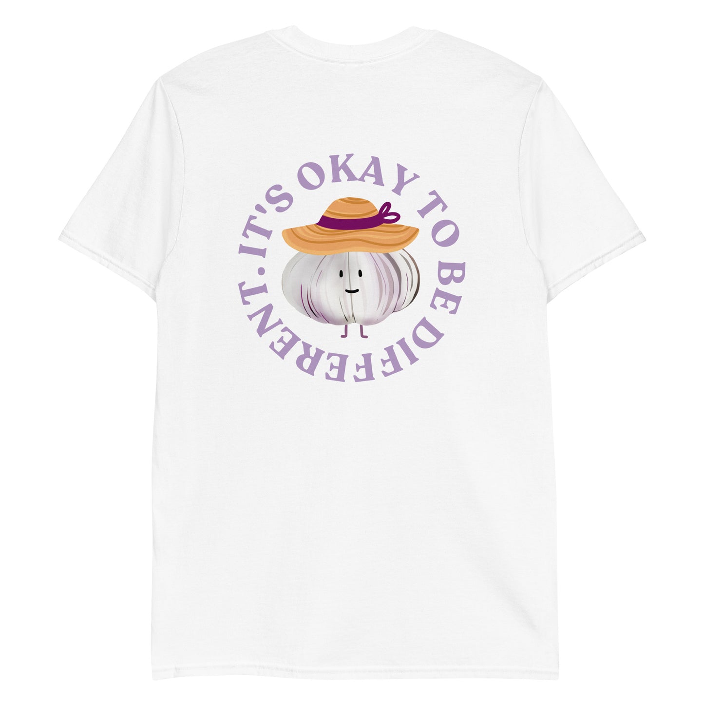 White It's Okay to Be Different T-Shirt with cute garlic character with a sun hat