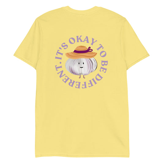 Yellow It's Okay to Be Different T-Shirt with cute garlic character with a sun hat
