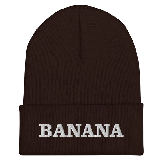 Brown Banana Beanie from Nina's Funky Shop by ninanush - Our Banana Beanie is warm, cozy and made just for you! It comes in a variety of colors, each expertly embroidered with "Banana" across the front. A statement hat for banana enthusiasts and foodies of all kinds. Celebrate your favorite foods in our funky foodie apparel.