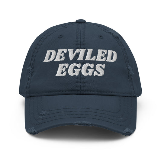 Navy Blue Deviled Eggs Hat - Crazy about deviled eggs? Looking for a gift for a deviled egg enthusiast? Our Deviled Eggs Hat is comfortable, adjustable and made just for you. It's a funny dad hat, expertly embroidered and perfect for everyday streetwear.