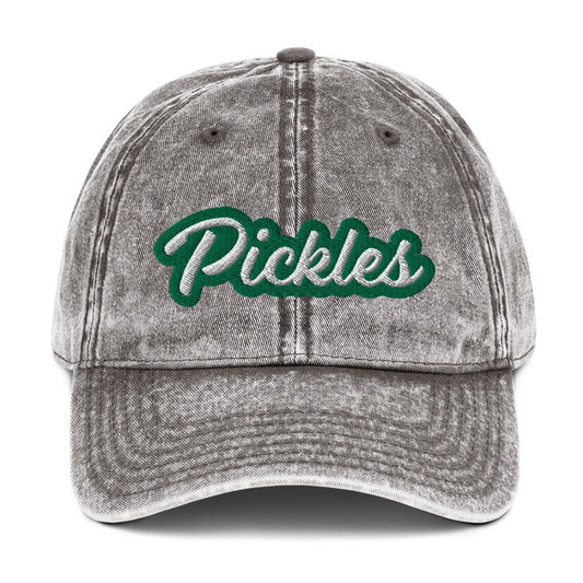 Gray pickles dad hat - The Pickles Dad Hat! A comfortable and unique dad hat for pickle lovers. This vintage-style hat is the perfect statement hat for pickle enthusiasts. If you're a pickle lover or a fan of funny food hats, this weird dad hat is not only is it a stylish choice for everyday wear, but an excellent gift for pickle lovers.