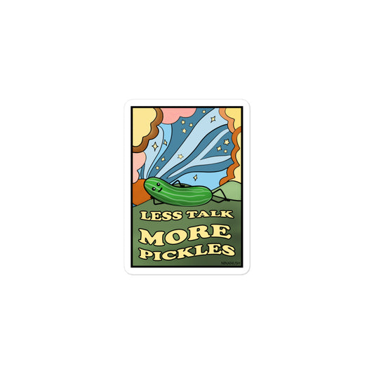 3x3 stargazing pickle sticker from Nina's Funky Shop by ninanush - The Less Talk More Pickles Vinyl Sticker! Crafted for devoted pickle enthusiasts, this unique sticker is weird in the best way. It's an original hand drawn design by Nina and it's made just for you. This funky pickle sticker is the perfect addition to your quirky sticker collection or gift for a pickle lover.