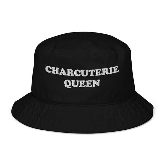 Black charcuterie hat - An embroidered charcuterie bucket hat for foodies and charcuterie enthusiasts. It's a unique bucket hat that's organic cotton, funny, comfortable and made just for you. Make a statement white you build your perfect charcuterie board or give it as an eco friendly funny gift for charcuterie lovers and queens.