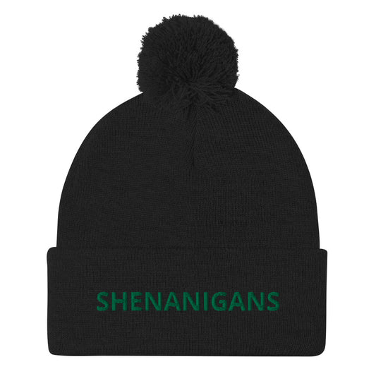 Black Shenanigans Beanie - A warm and cozy pom pom beanie with "shenanigans", expertly embroidered accross the front. Looking for something personalized? A different embroidery color? Shoot us an email or check out our customizable apparel!
