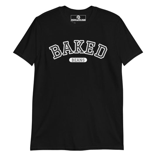 Black college style t-shirt with Baked Beans on the front from Nina's Funky Shop by ninanush - Do you love baked beans? Looking for a fun gift for a foodie? Our Baked Beans T-shirt might be just what you need! This baked beans shirt is soft, comfortable and designed by Nina, just for you. Wear this funny foodie shirt and show off your love of baked beans. It's a statement tee that's sure to turn head.