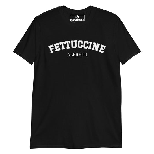 Black shirt for fettuccine Alfredo lovers - A Fettuccine Alfredo college-style T-Shirt. Made from soft and comfortable cotton, this unique pasta shirt is funny, eye catching and made just for you. A perfect T-shirt for fettuccine Alfredo enthusiasts, this funny foodie shirt is sure to stand out and make a statement. Wear it as everyday foodie streetwear or give it as a gift for a pasta lover.
