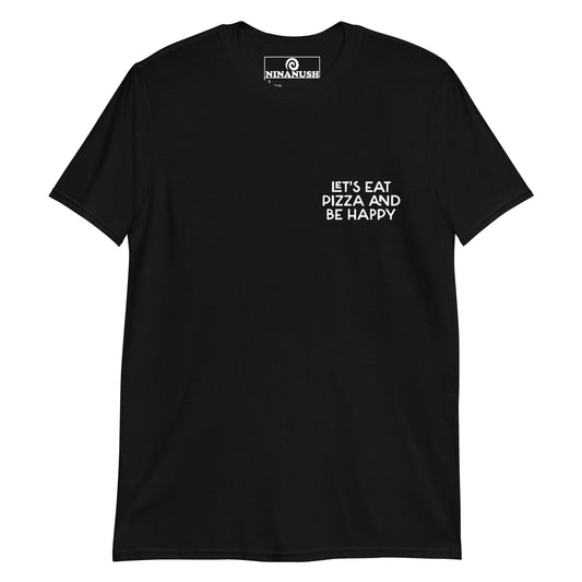 Black let's eat pizza and be happy saying t-shirt from Nina's Funky Shop by ninanush - This funky foodie t-shirt is the perfect shirt for pizza lovers. It's a classic cotton shirt that's soft and comfortable with the words "Let's eat pizza and be happy" expertly printed on the front. Add a little personality to your style in this pizza enthusiast tee shirt, or give it as a gift for a quirky tee aficionado.