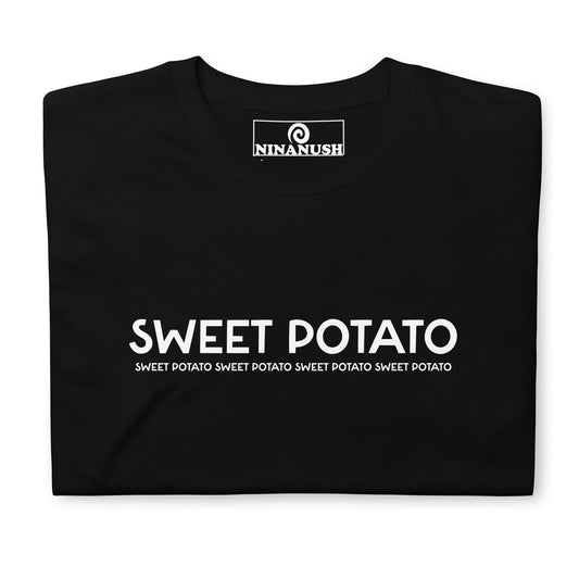 Black sweet potato t-shirt from Nina's Funky Shop by ninanush - Stand out in this sweet potato enthusiast t-shirt. It's a unisex cotton shirt with the words "Sweet Potato" printed on the front. This weird shirt is unique, designed by Nina and made just for you. Stand out and share your foodie passion in this sweet potato shirt or give it as a funny gift for a potato aficionado.