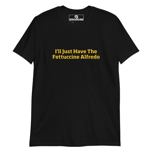 Black fettuccine Alfredo t-shirt from Nina's Funky Shop by ninanush - This Fettuccine Alfredo T-Shirt is soft, comfortable and designed for fettuccine Alfredo enthusiasts. Eat your favorite fettuccine Alfredo in a our funny food tee. Perfect for pasta lovers and foodies of all kinds. Celebrate your favorite food and drinks in our funky foodie apparel, designed by Nina and made just for you.