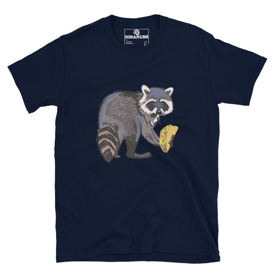 Navy blue funny food shirt with raccoon and taco - This funky raccoon and taco lover t-shirt is colorful, hand drawn and made just for you. It's a classic comfortable t-shirt with a totally unique design of a raccoon eating a taco. Eat tacos in style or give this shirt as a funny raccoon lover gift. Celebrate your favorite foods in our funny food shirts and accessories.