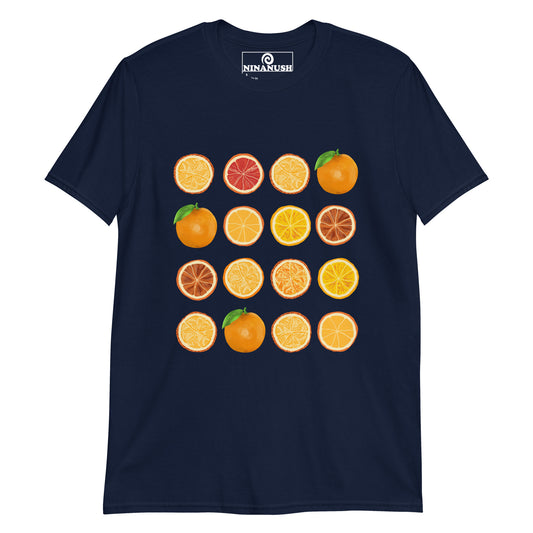 Navy blue orange lover t-shirt - This colorful fruit t-shirt has 16 bright oranges printed on a classic t-shirt. If you love oranges, this foodie t-shirt is just what you need. It's a totally unique orange slices shirt that's funky and perfect for orange enthusiasts. Eat oranges in style and stand out in an orange lover t-shirt made just for you.