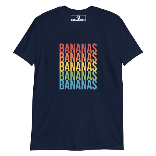 Navy bananas t-shirt - A classic cotton T-Shirt with the word "banana" printed in bold colors on the front. It's soft, comfortable and made just for you and your favorite banana enthusiast. This funny food shirt is designed for banana lovers and makes a unique gift for foodies of all kinds. Celebrate your favorite foods in our foodie apparel.