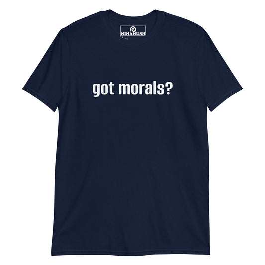 Navy got morals t-shirt - A got morals? shirt that's soft, comfortable and made just for you. It's a classic cotton tee with the words "got morals?" printed on the front. This statement t-shirt is meaningful, stands out and makes a unique gift for ethical vegans or t-shirt for activists of all kinds. A sarcastic got milk t-shirt for vegans.