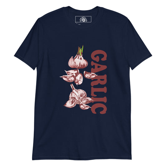Navy Garlic t-shirt from Nina's funky Shop by ninanush - Do you love garlic? Looking for a fun foodie gift? Our funky Garlic T-shirt is just what you need. It's a soft and comfortable garlic graphic tee with a unique garlic design, expertly printed on the front. Stand out in this garlic lover t-shirt. It's the perfect funny foodie t-shirt for garlic enthusiasts and foodies of all kinds.