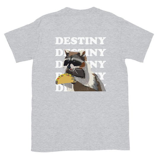Light gray t-shirt with hungry raccoon and taco - This funny taco and raccoon lover t-shirt is totally unique and an eye catching design that's sure to make conversation. Eat tacos in style in this funky foodie graphic tee or give it as a funny gift for raccoon lovers. Stay weird in this original design unisex shirt with a raccoon eating a taco and the word destiny.