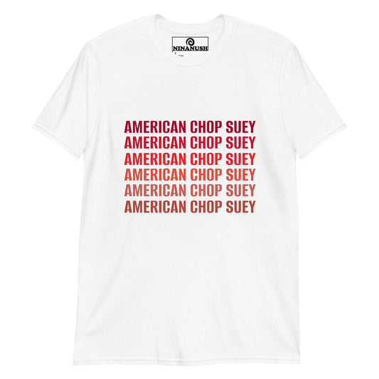 White American Chop Suey t-shirt - Show your love for New England food in this American chop seuy t-shirt. It's a cotton t-shirt with "American chop suey" on the front. If you love New England Food, this weird foodie t-shirt is just what you need. Make a statement in this funny New England tee or give it as a gift to an American Chop Suey enthusiast.
