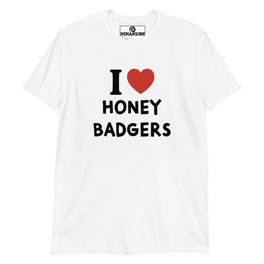 White I heart honey badgers t-shirt from Nina's Funky Shop by ninanush - The I heart honey badgers t-shirt! This classic cotton tee was designed by Nina, specifically for honey badger enthusiasts. It's soft, comfortable and made just for you. Share your passion for honey badgers with the world or give this quirky "I heart honey badgers" t-shirt to your favorite honey badger lover.