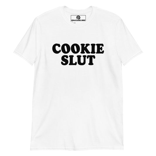 White Cookie Slut T_Shirt - Love cookies? Looking for a gift for a cookie lover? Our Cookie Slut T-Shirt is soft, comfortable and made just for you! It's a classic cotton tee with a funny design, expertly printed on the front. Looking for something personalized? Shoot us an email!