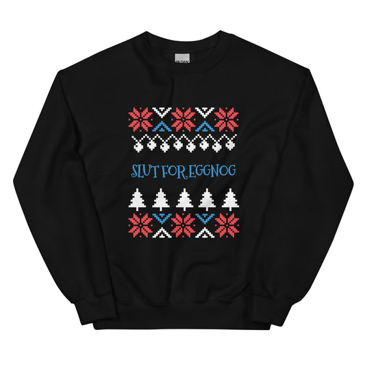 Black Slut For Eggnog Christmas Sweatshirt from Nina's Funky Shop by ninanush - Do you love eggnog? Looking for a funny Christmas sweatshirt? Our Slut For Eggnog Christmas Crew Neck Sweatshirt is just what you need. It's a unisex holiday sweatshirt that comes in a variety of colors with "Slut For Eggnog", expertly printed on the front. A funny Christmas sweatshirt for a holiday party.