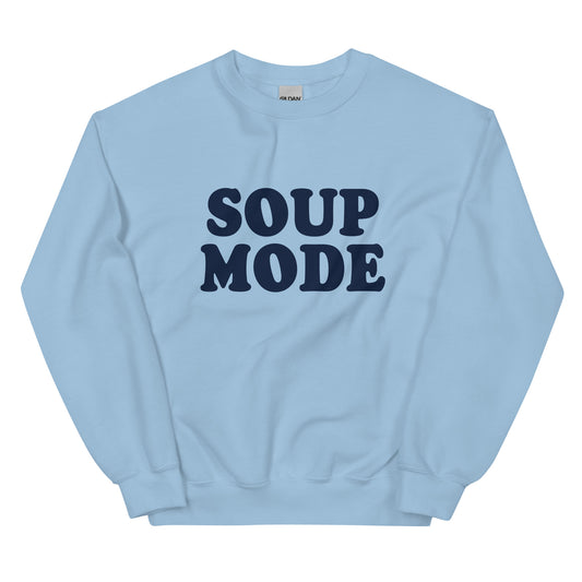 Light Blue Soup Mode Sweatshirt - Love soup? Looking for a gift for a soup enthusiast? Our Soup Mode Sweatshirt is soft, cozy and made just for you! It's a funny crewneck sweatshirt, expertly printed and perfect for everyday activities or lounging around the house eating soup. Looking for something personalized? Shoot us a message!