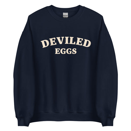 Navy Deviled Eggs Sweatshirt from Nina's Funky Shop by ninanush - Love Deviled eggs? Looking for a funny foodie gift? A funny college style deviled egg sweatshirt for foodies and beyond. It's a soft and comfortable crew neck sweatshirt with a unique and funny food design. A perfect sweatshirt for deviled egg lovers and quirky gift for foodies. Eat deviled eggs and make a statement. It's funny, weird and sure to turn heads.