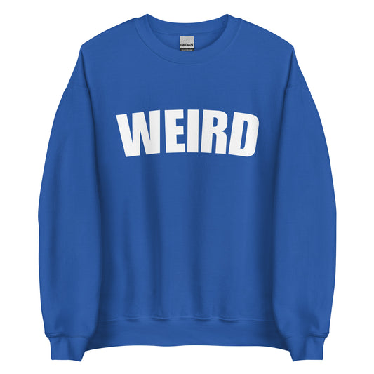 Royal Blue Weird Sweatshirt from Nina's Funky Shop by ninanush - Stay weird in this soft and comfortable varsity sweatshirt. It's a unisex, crew neck sweatshirt that comes in a variety of colors with "Weird", expertly printed on the front. Perfect for cozy nights in or stand out streetwear, this weird sweatshirt is designed by Nina and made just for you.