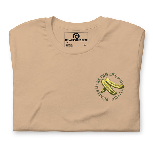 Tan Pickles T-shirt - What makes your life worth living? If the answer is pickles...this funky pickles t-shirt is just what you need! Our Pickles Make This Life Worth Living T-shirt is soft, comfortable and comes in a variety of colors with a unique pickle design, expertly printed on the front and back. A funny foodie t-shirt for pickles lovers and foodies of all kinds.