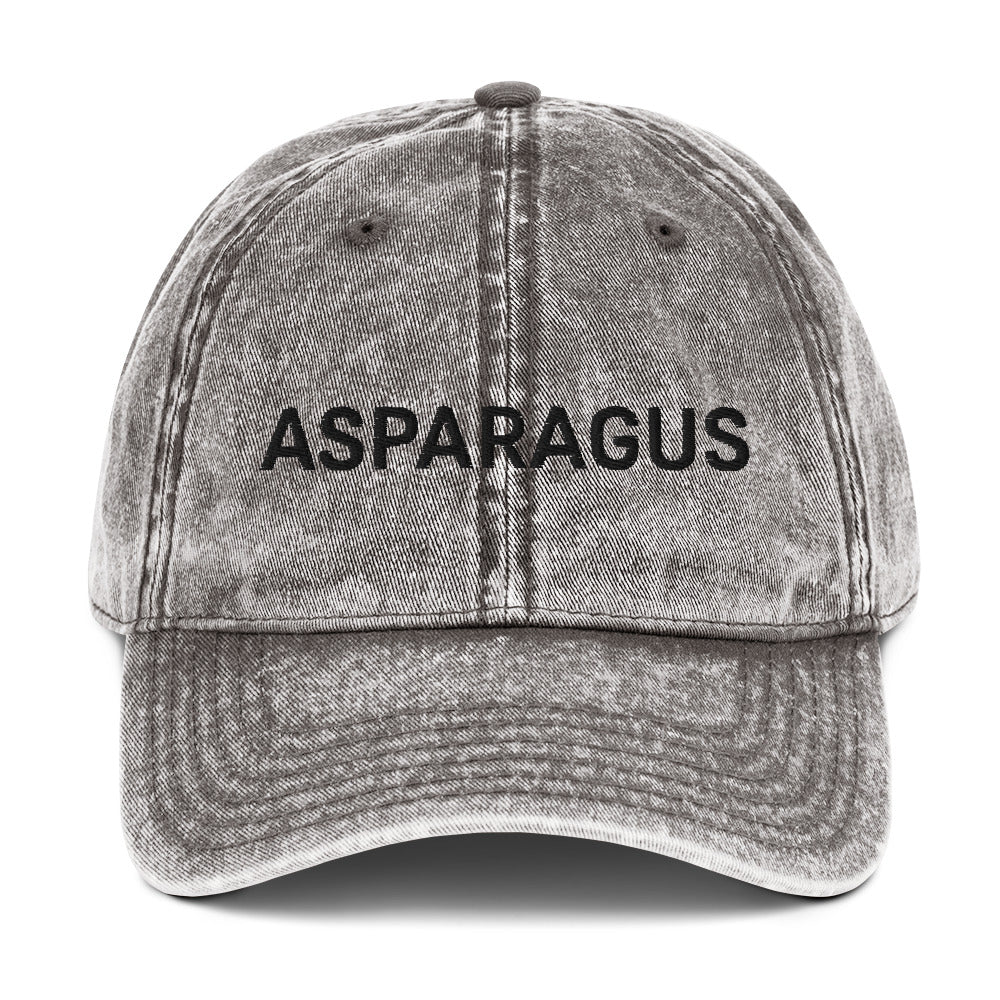 Gray asparagus hat - If you love asparagus, this embroidered dad hat was designed just for you. Eat asparagus in style in this statement hat for veggie lovers. This asparagus hat is made of 100% cotton, with a faded vintage look. The perfect funny food hat for asparagus enthusiasts and gift for vegetable lovers and foodies of all kinds.