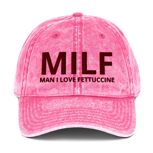 Punk MILF man I love fettuccine dad hat from Nina's Funky Shop by ninanush - This funny MILF dad hat is comfortable, unique and makes the perfect hat for foodies and fettuccine enthusiasts. It comes in a variety of colors with "MILF Man I Love Fettuccine" embroidered on the front. Stand out, eat pasta and add a little personality to your style in this funny dad hat for fettuccine lovers.