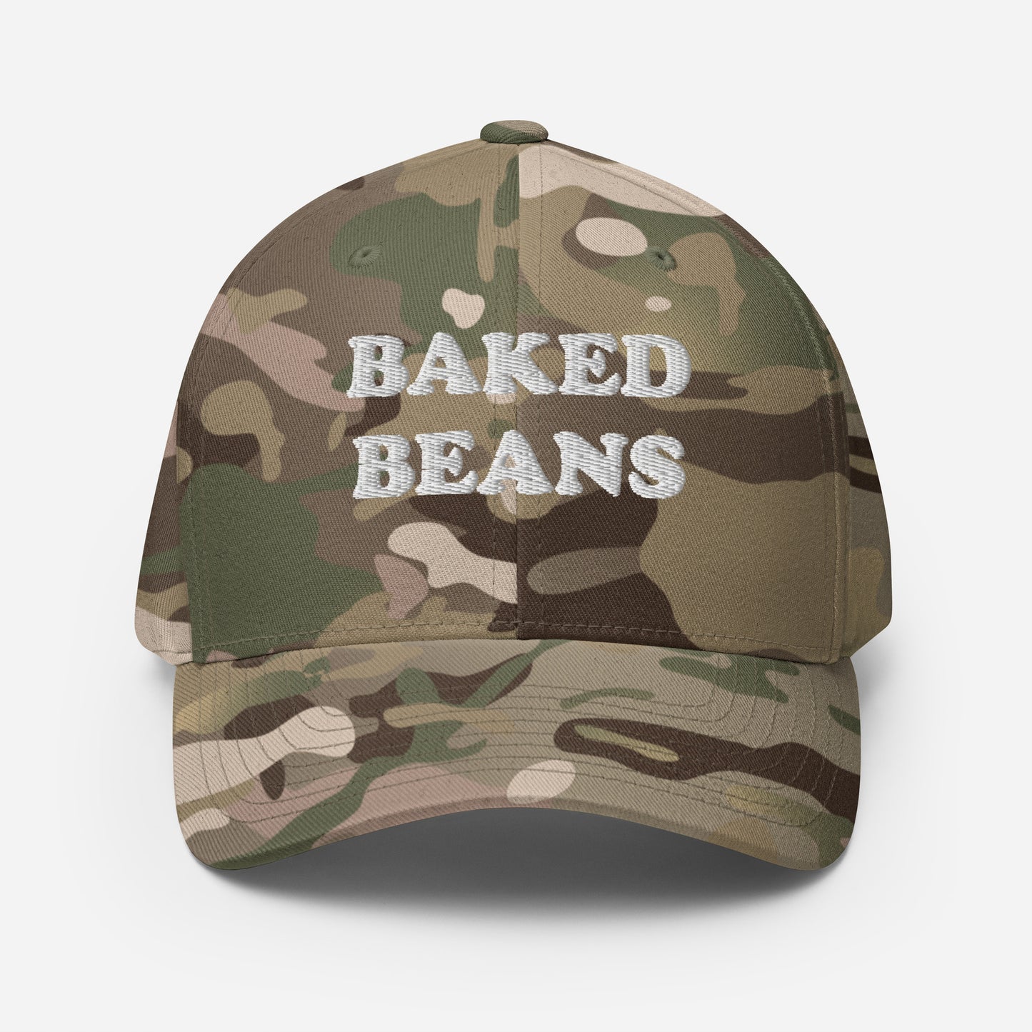 Funny camo hat for foodies - This funny baked beans hat is a unisex embroidered hat that's unique and a perfect weird hat for baked bean lovers! The baked beans hat has a classic baseball cap style and is made just for you. Wear it as everyday funny foodie street wear or give it as a gift for foodies or your favorite baked bean enthusiast.