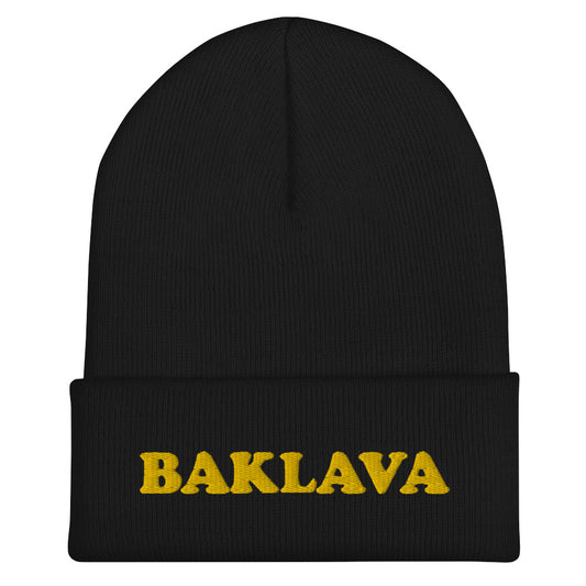 Black baklava beanie - This baklava beanie hat is a classic fitted beanie with an funky yellow embroidery. It's a funny hat for foodies and baklava lovers. If you love weird hats or you're looking for a funny gift for foodies, we have the funky clothing and accessories for you. Stay funky in our unique streetwear and original funky designs.