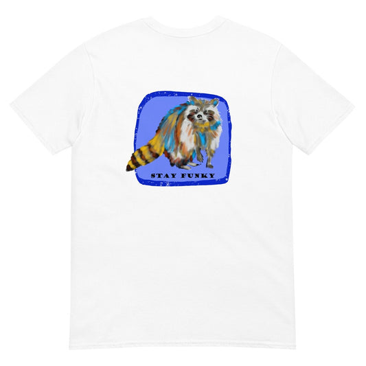 "Stay Funky" t-shirt with a colorful, hand drawn raccoon. This unique raccoon t-shirt is funky and original with a large raccoon print on the back. The multicolor raccoon tshirt is a funky shirt for animal lovers. Shop more weird raccoon shirts, funny vegan foodie hats, funky and unique graphic t-shirts, hoodies and more.