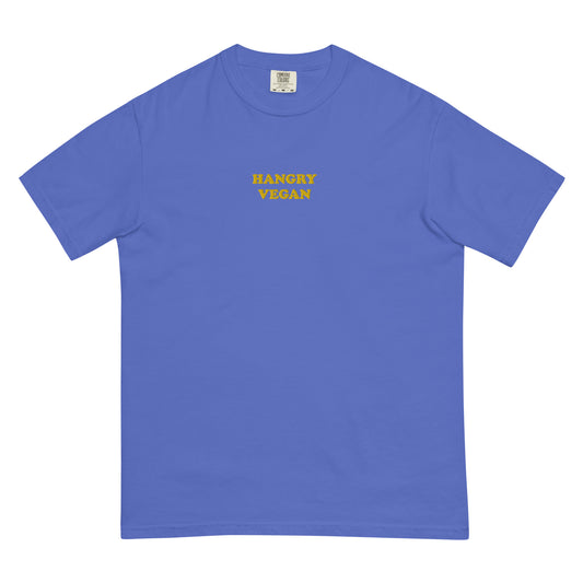 This blue and yellow funky hangry vegan t-shirt is garment dyed with a funny vegan embroidery design. This t-shirt is unique and makes a great vegan gift for all of your vegan friends. This funny t-shirt for vegans is soft and comfortable. Look good and stay weird in our funky streetwear with vegan sayings and designs.