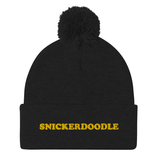 Black snickerdoodle beanie hat - Eat snickerdoodles in style and make a statement in this snickerdoodle beanie. It's a warm and cozy hat for foodies and made just for you. The funny foodie snickerdoodle hat is a classic beanie with a pom pom and a unique embroidery. It's a weird beanie for cookie lovers and a funny gift for snickerdoodle enthusiasts.