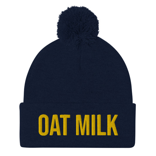 Funny navy blue oat milk beanie for dairy free milk drinkers - This oat milk beanie is a unique foodie beanie that's made just for you. Wear it on everyday diary free adventures or cozy at home with an oak milk cocoa. Stay weird and show off your dairy free pride or give this plant based milk beanie as a funny gift for a dairy free friend or a funny hat for the vegan in your life.