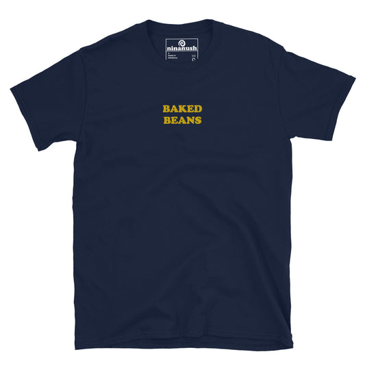 This funky baked beans t-shirt is a funny foodie t-shirt. Stay weird with "BAKED BEANS" on the front of a black tee. Our original funny designs are unique & eco-friendly. Need a weird gift idea? Shop weird hats, funny beanies, quirky foodie tees, and more... like our baked beans beanie and other weird foodie clothing.
