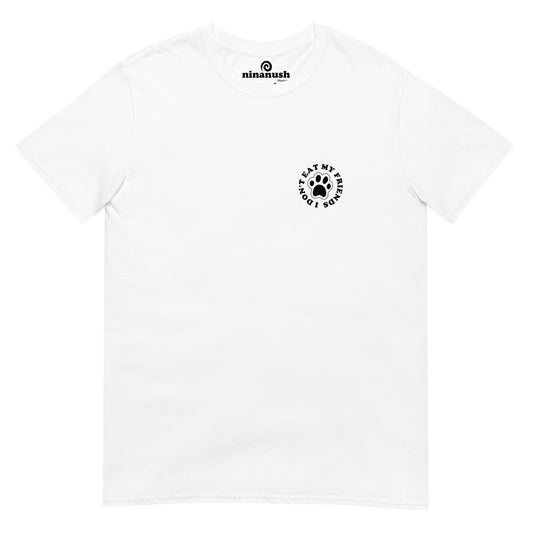 White I don't eat my friend t-shirt for ethical vegans - This I don't eat my friends t-shirt is simple and to the point. It's soft and comfortable t-shirt with a vegan for the animals quote and a paw. Be kind to every kind and stand up for those who can't. Our vegan activist apparel is unique and original. It's a cute gift for ethical vegans. Stay funky and stay kind.