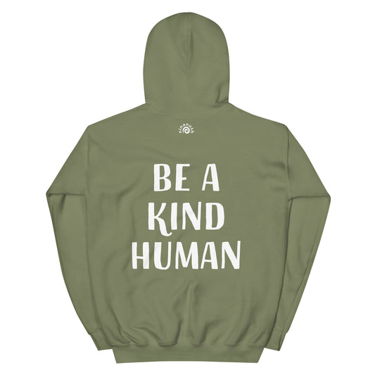 Army green be kind to all kinds positive saying hoodie - This Be A Kind Human hoodie is soft, cozy and made just for you. It's a comfortable hoodie with a meaningful message about being kind. The hoodie's inspirational quote is meant to inspire empathy and a reminder to do good and do our best. Wear this positive saying hoodie, be kind to all kinds and do what makes you smile.