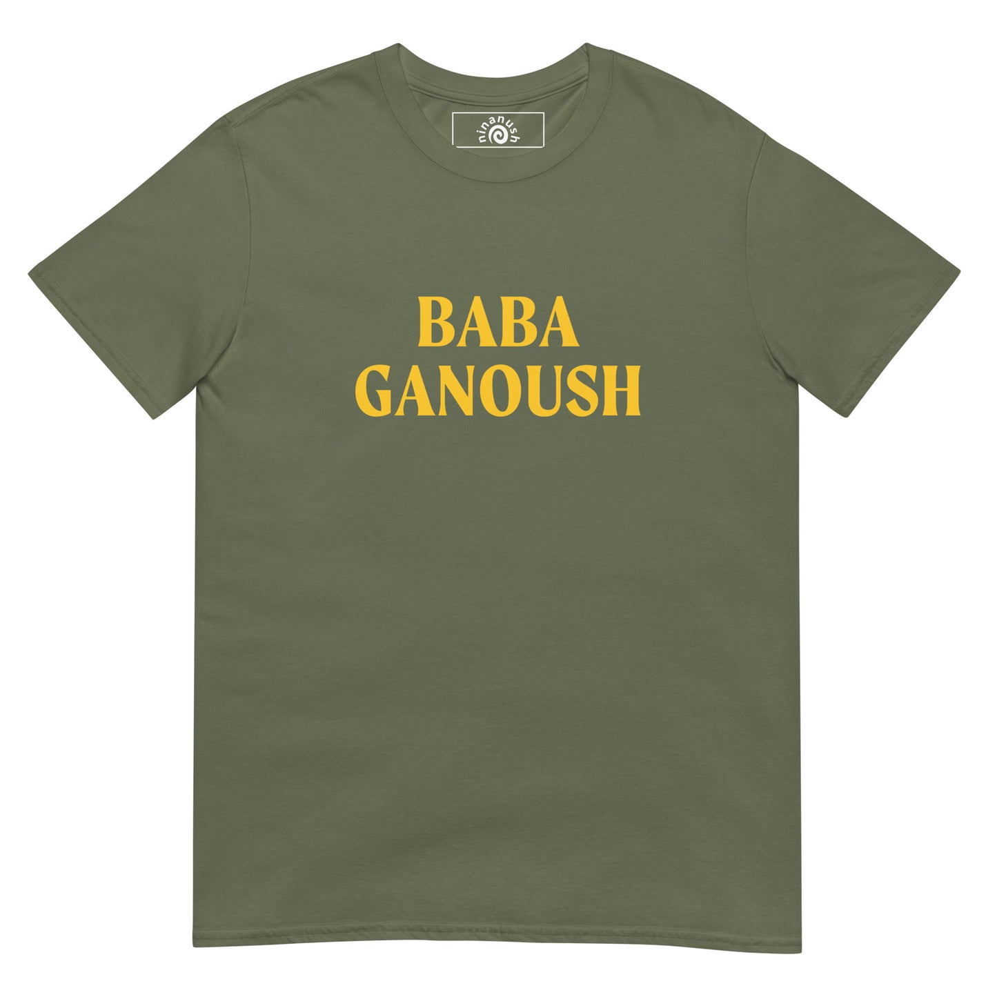Army Green T-Shirt with Baba Ganoush on the front
