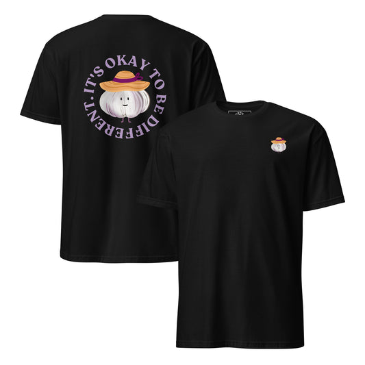 Black It's Okay to Be Different T-Shirt with cute garlic character with a sun hat