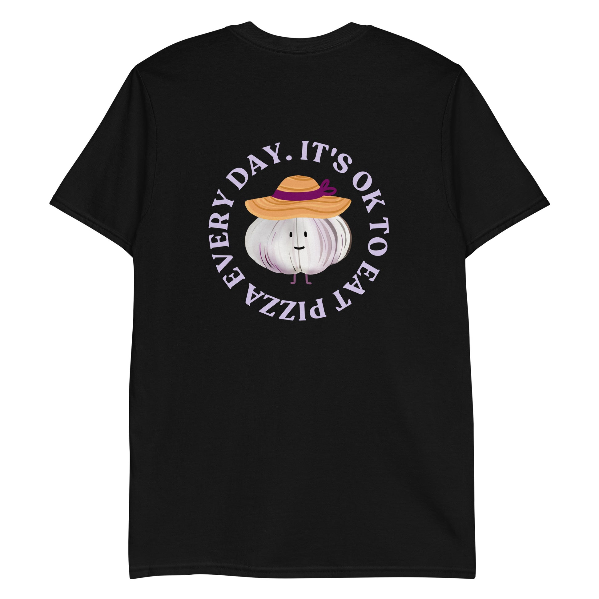 Black foodie t-shirt with garlic character wearing a sun hat and a pizza saying.