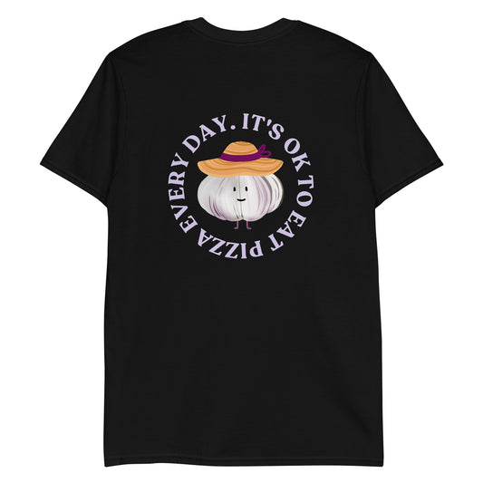 Black foodie t-shirt with garlic character wearing a sun hat and a pizza saying.