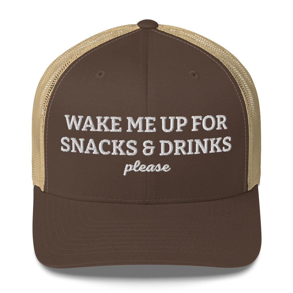 Brown and Khaki - wake me up for snacks and drinks please trucker hat