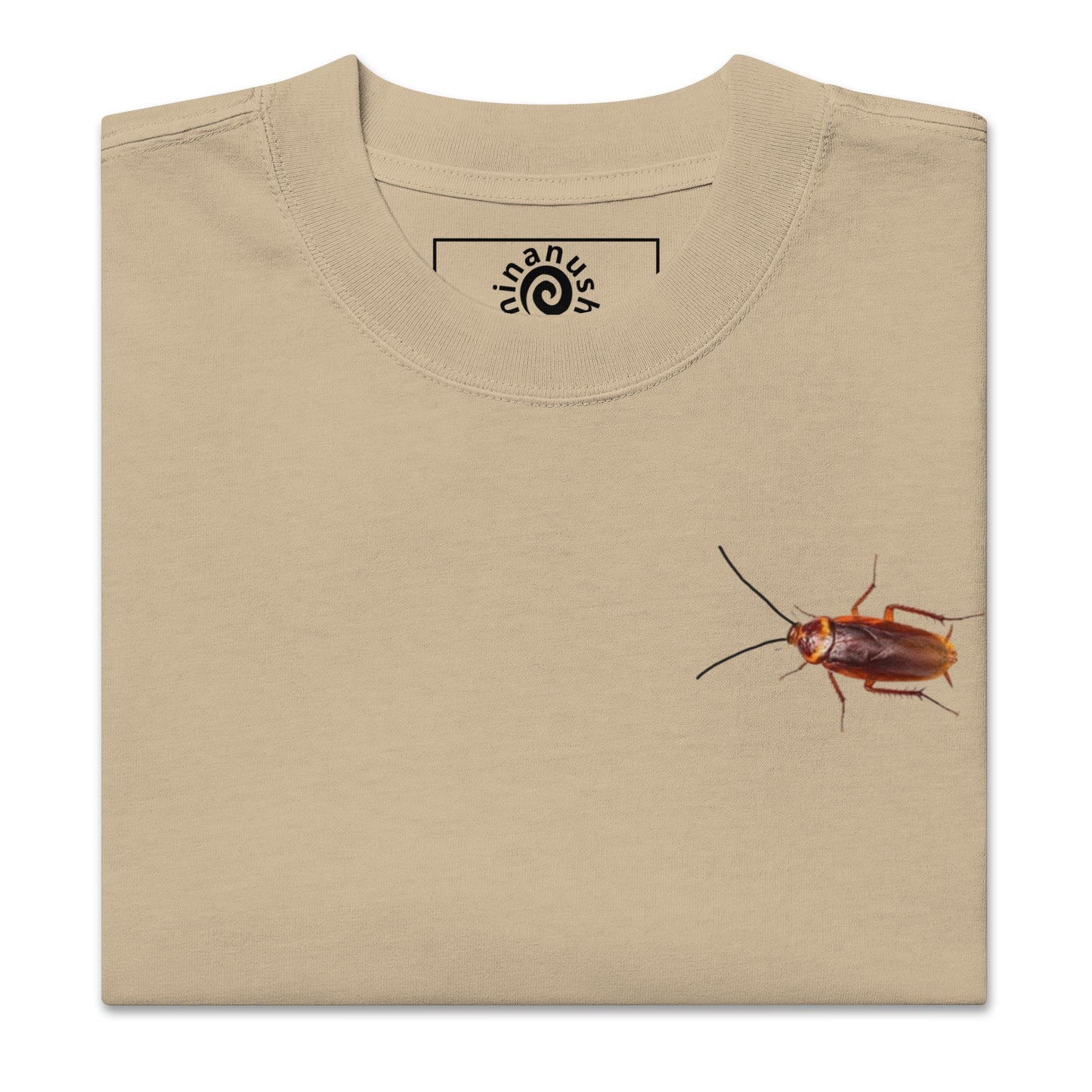 Close up of our khaki color cockroach t-shirt