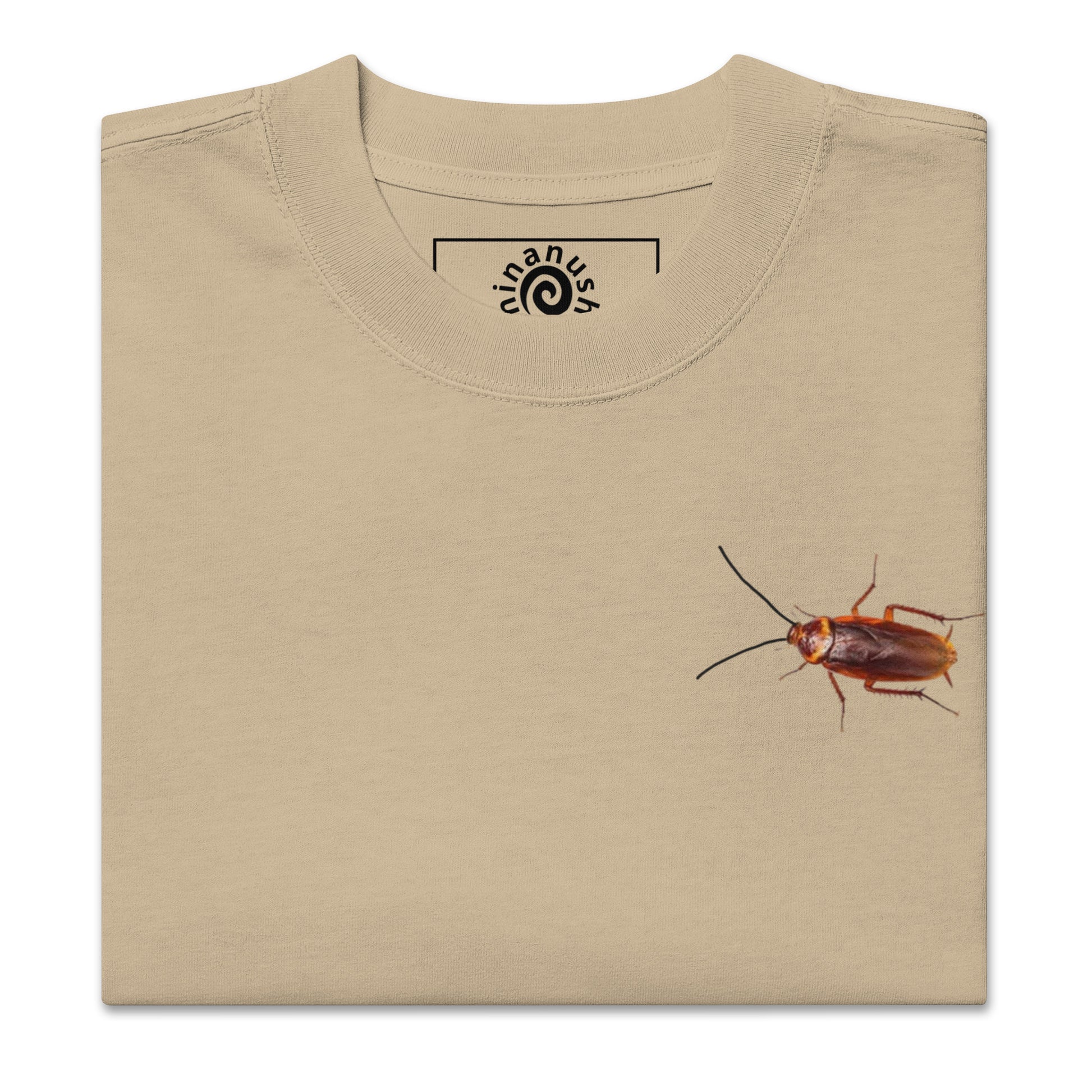 Close up of our khaki color cockroach t-shirt