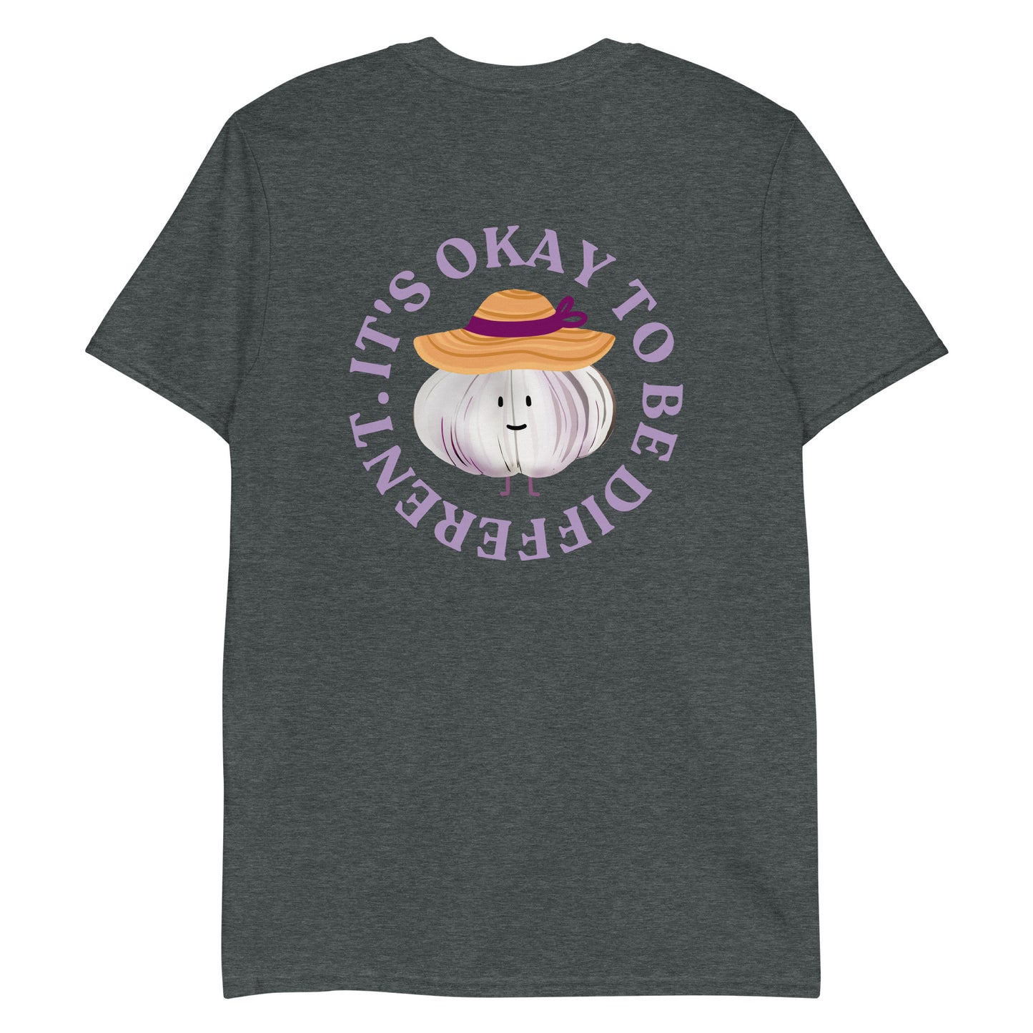 Dark Gray It's Okay to Be Different T-Shirt with cute garlic character with a sun hat
