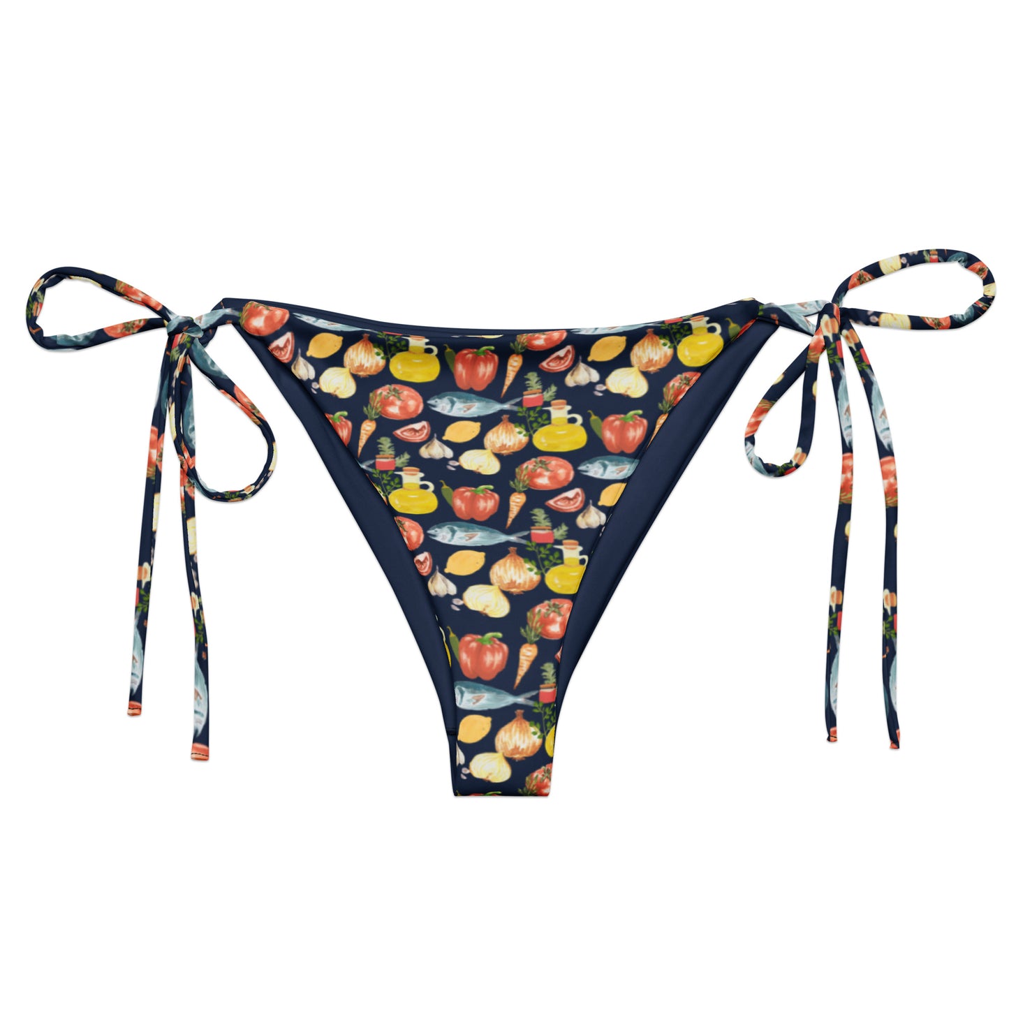 Front of our fish, veggies and olive oil pattern swimsuit