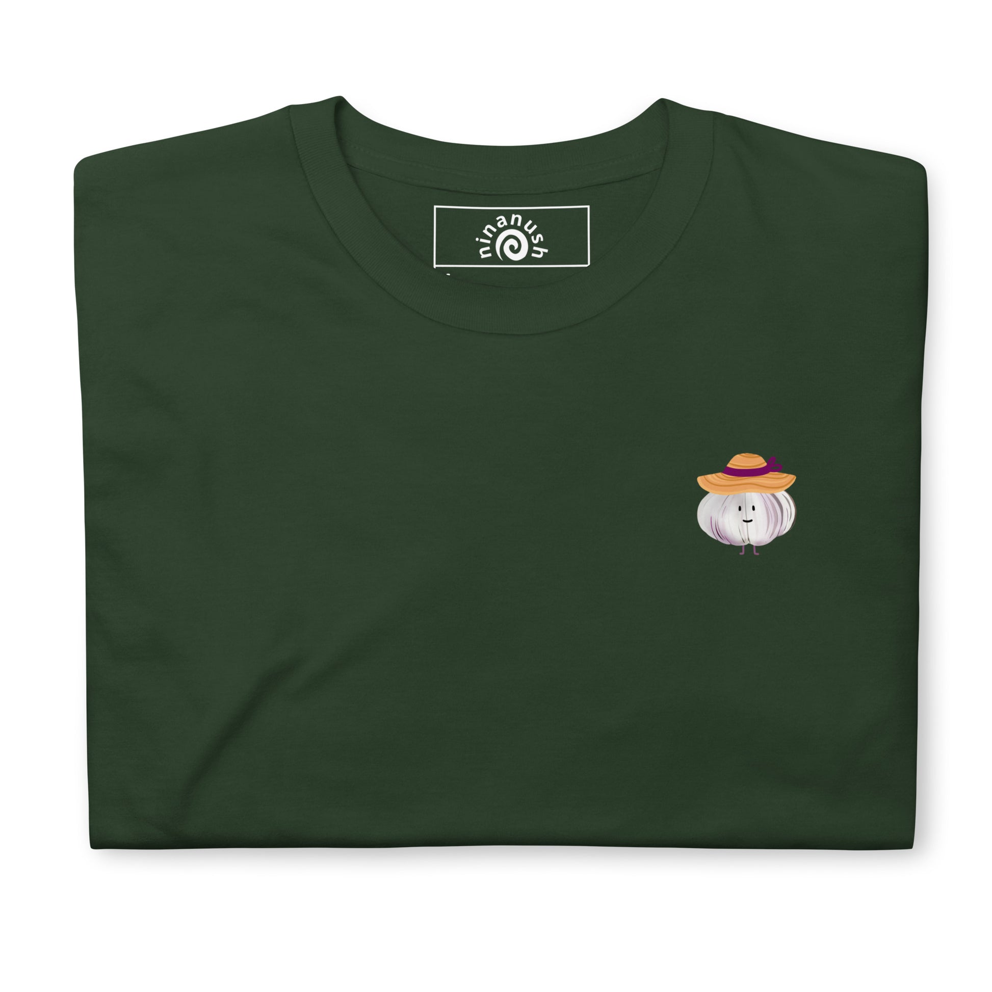 Front of green foodie t-shirt with garlic character wearing a sun hat and a pizza saying.