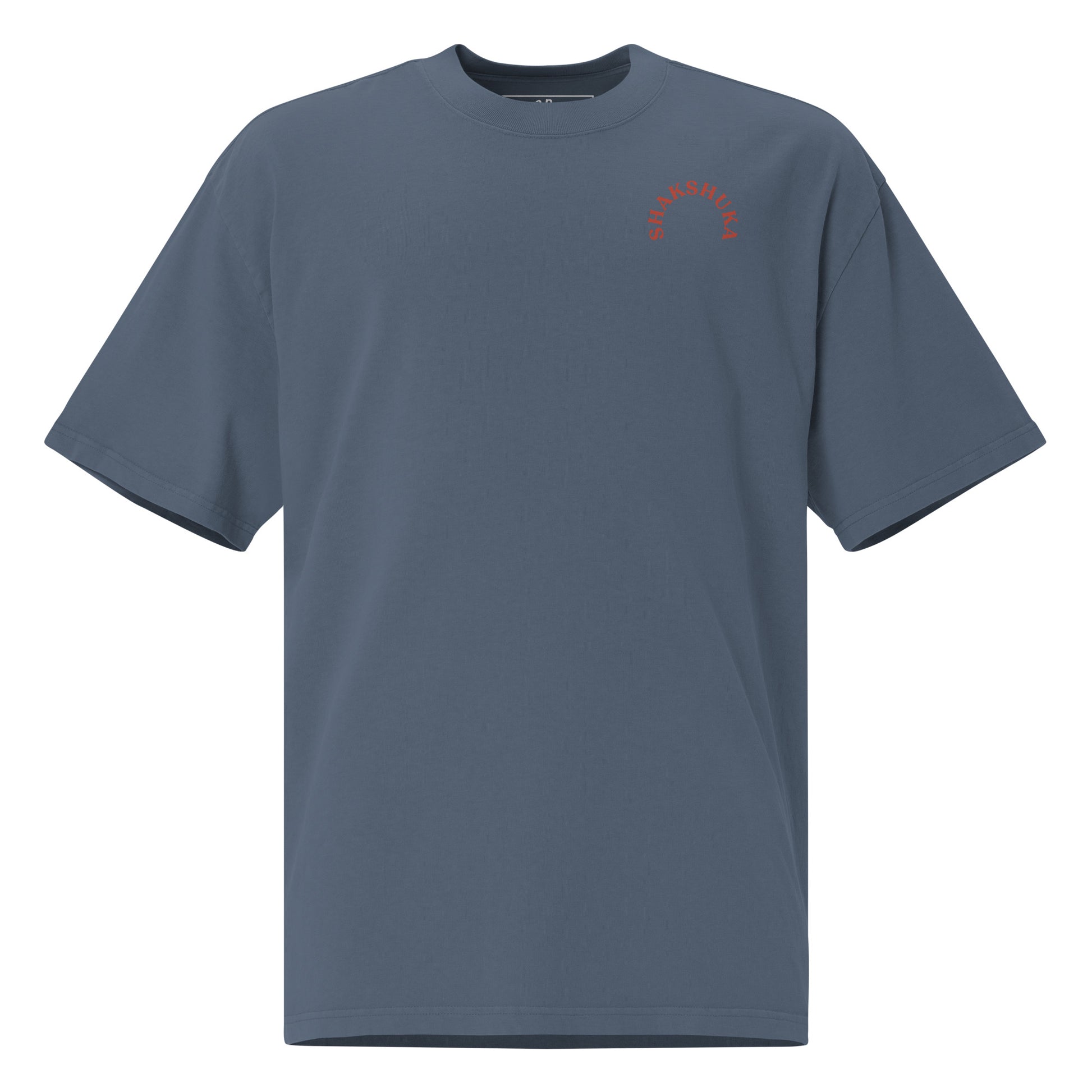 Front of our faded indigo t-shirt with the Shakshuka words in the logo